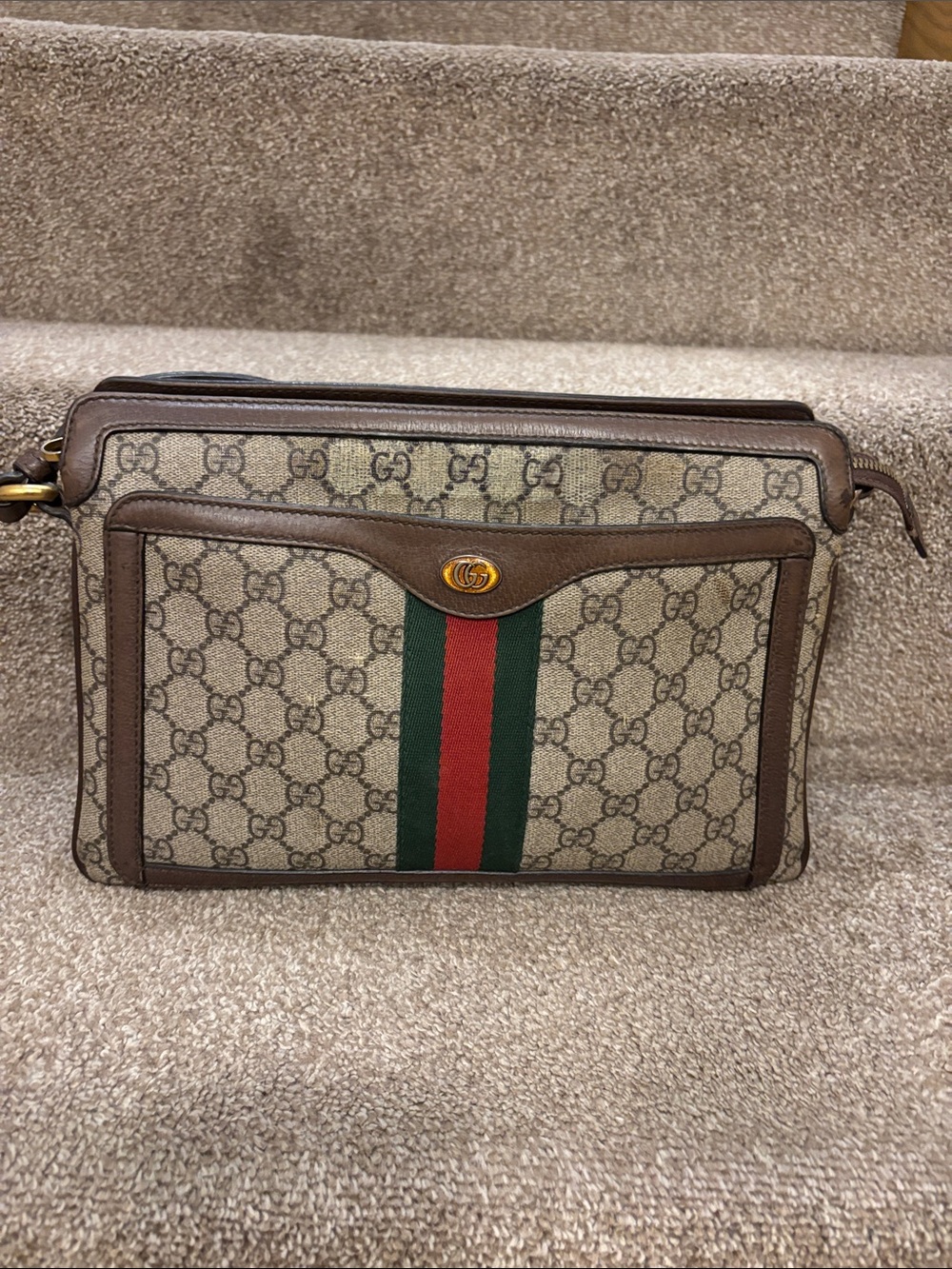 Gucci Brown GG Canvas Messenger with Red and Green Web